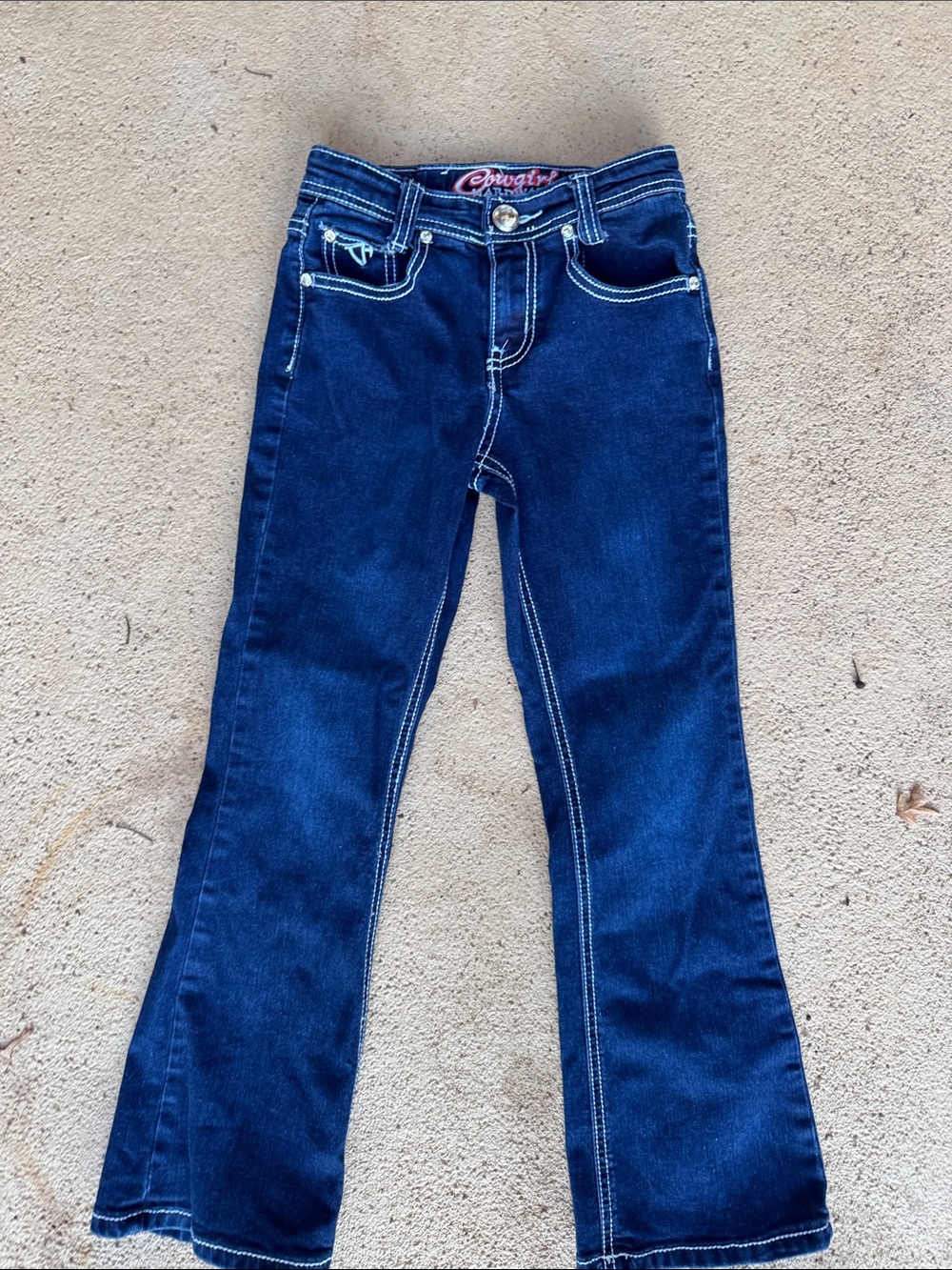 Cowgirl Girl Dark Blue Bootcut Jeans with White Stitching size 7